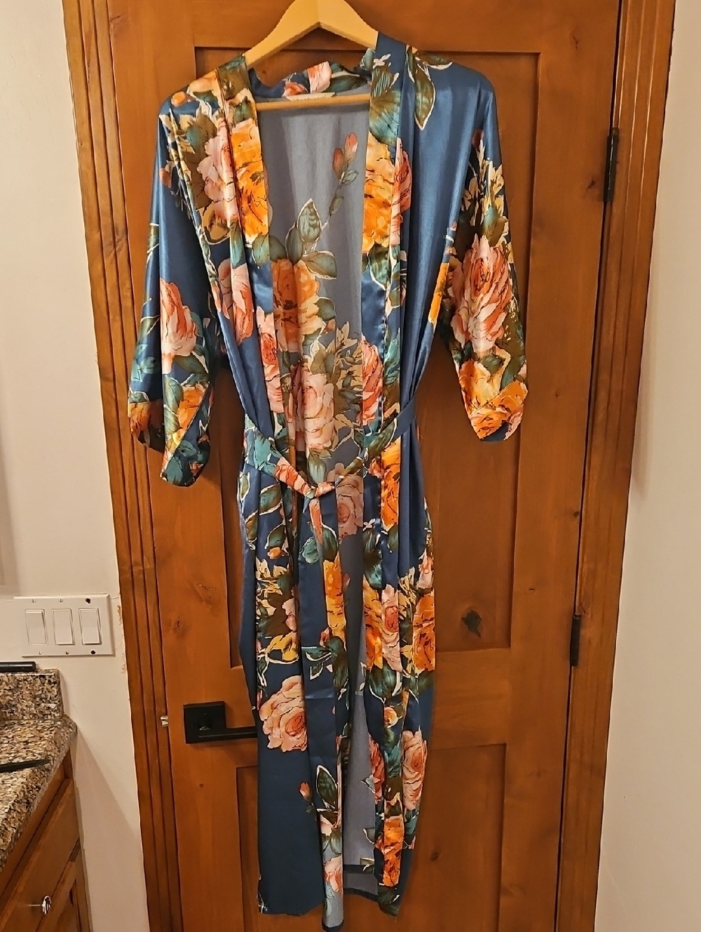 Floral Satin Long Robe in Teal Blue